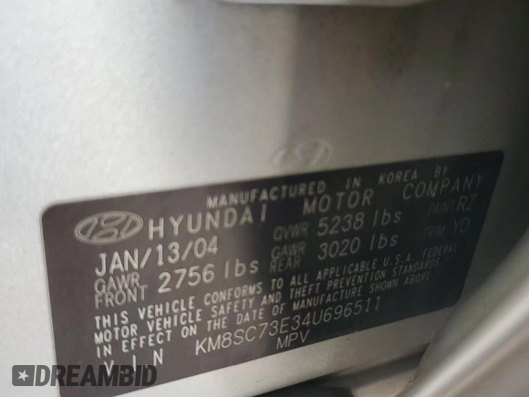 2004 Hyundai Santa Fe GLS with VIN KM8SC73E34U696511, listed as a Copart auction lot 73497994 with 116,718 mi miles and Salvage Title. Bid and sale history available at carsss.com. Image 12.