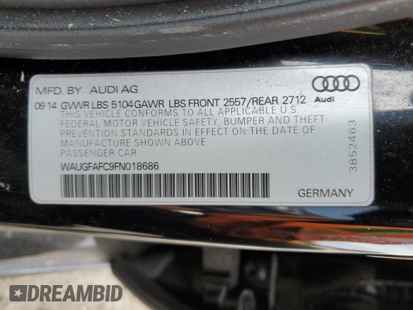 2015 Audi A6 Premium Plus with VIN WAUGFAFC9FN018686, listed as a Copart auction lot 53133675 with Not provided miles and Salvage title. Bid and sale history available at DreamBid. Image 14.
