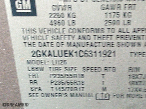 2012 GMC Terrain SLT-1 with VIN 2GKALUEK1C6311921, listed as a IAAI auction lot 41442399 with 1 mi miles. Bid and sale history available at carsss.com. Image 9.