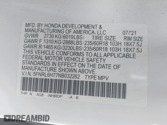 2022 Honda Odyssey EX-L with VIN 5FNRL6H77NB032262, listed as a IAAI auction lot 40772227 with 35,053 mi miles and . Bid and sale history available at DreamBid. Image 9.