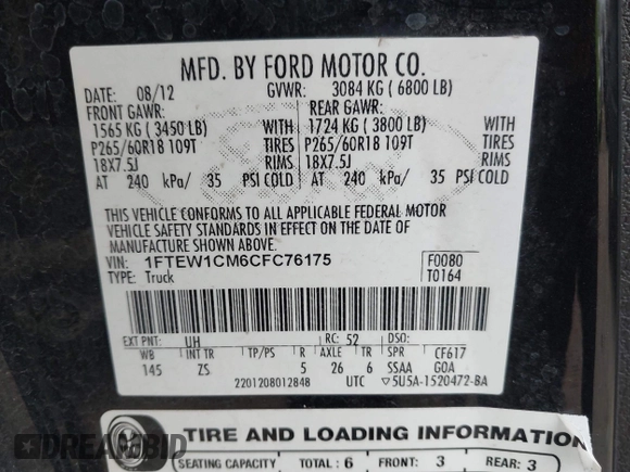 2012 Ford F-150 XL with VIN 1FTEW1CM6CFC76175, listed as a IAAI auction lot 41510374 with 100,957 mi miles. Bid and sale history available at carsss.com. Image 9.