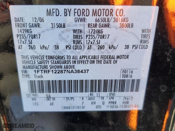 2007 Ford F-150 XL with VIN 1FTRF12287NA38437, listed as a Copart auction lot 44809835 with 400,133 mi miles and Salvage Title. Bid and sale history available at carsss.com. Image 12.