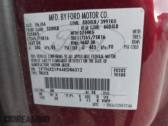 2004 Ford F-250 XL with VIN 1FTNX21P44ED86312, listed as a IAAI auction lot 42703594 with 222,339 mi miles and . Bid and sale history available at DreamBid. Image 9.