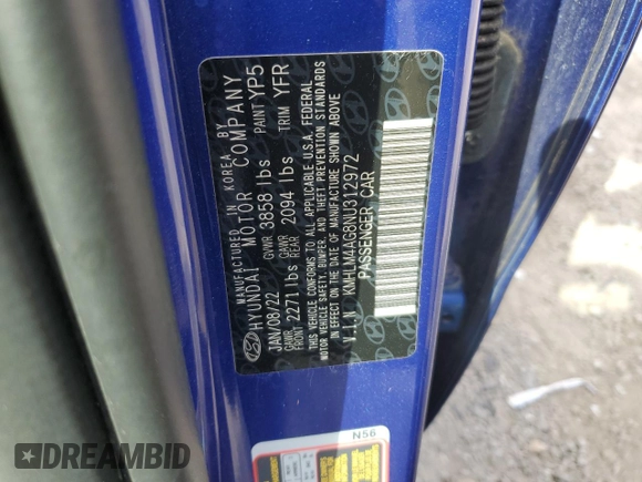 2022 Hyundai Elantra SEL with VIN KMHLM4AG8NU312972, listed as a Copart auction lot 50496355 with 31,042 mi miles and Salvage Title. Bid and sale history available at DreamBid. Image 12.