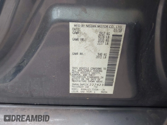 2018 Nissan Altima 2.5 SR with VIN 1N4AL3AP1JC227423, listed as a IAAI auction lot 41911284 with 133,227 mi miles. Bid and sale history available at carsss.com. Image 9.