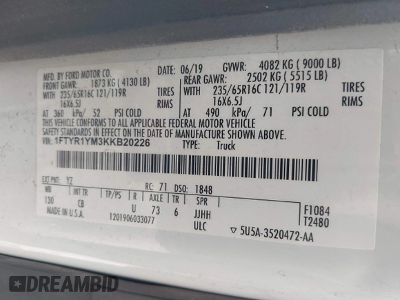 2019 Ford Transit с VIN 1FTYR1YM3KKB20226, выставлен на аукционе IAAI как лот 42418184 с пробегом 235 848 миль миль и . История ставок и продаж доступна на DreamBid. Изображение 9.