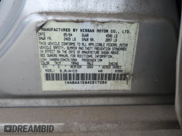 2004 Nissan Maxima SE with VIN 1N4BA41E84C917284, listed as a Copart auction lot 54240755 with 254,228 mi miles and Clean title. Bid and sale history available at DreamBid. Image 12.