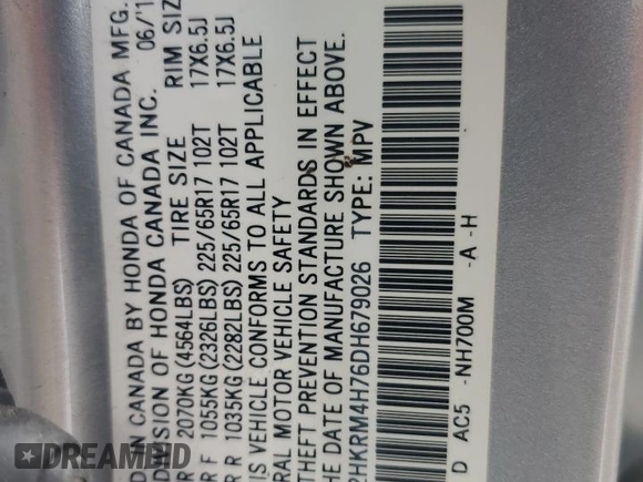 2013 Honda CR-V EX-L with VIN 2HKRM4H76DH679026, listed as a Copart auction lot 54014485 with 154,895 mi miles and Salvage Title. Bid and sale history available at carsss.com. Image 14.
