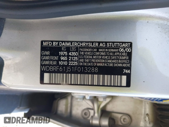 2001 Mercedes-Benz C 230/260/280/320 z VIN WDBRF61J51F013288, wystawiony jako IAAI lot #42322128 z przebiegiem Nie podano mil oraz . Historia ofert i sprzedaży dostępna na DreamBid. Obrazek 9.