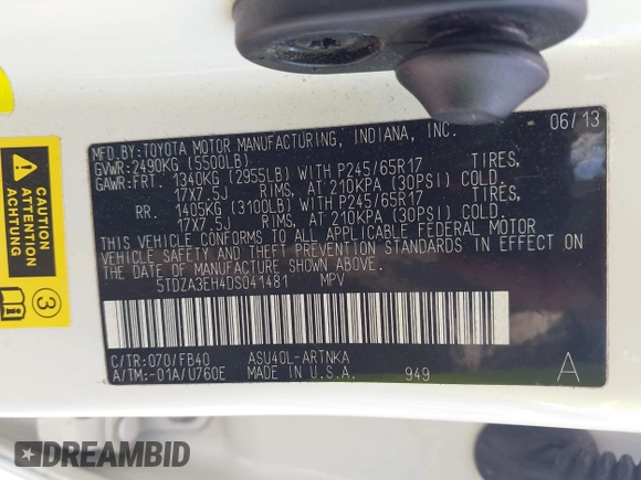 2013 Toyota Highlander with VIN 5TDZA3EH4DS041481, listed as a IAAI auction lot 42056940 with 113,427 mi miles and . Bid and sale history available at DreamBid. Image 9.