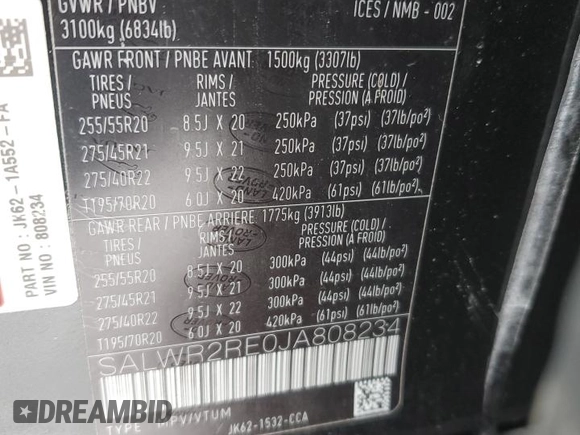 2018 Land Rover Range Rover Sport с VIN SALWR2RE0JA808234, выставлен на аукционе Copart как лот 42184865 с пробегом Не указан миль и Списание • Salvage title. История ставок и продаж доступна на DreamBid. Изображение 14.