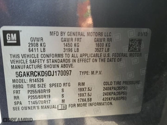 2013 Buick Enclave Leather with VIN 5GAKRCKD9DJ170097, listed as a Copart auction lot 44064755 with 0 mi miles and Salvage Title. Bid and sale history available at carsss.com. Image 13.