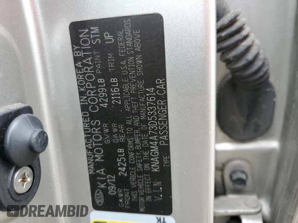 2013 Kia Optima LX with VIN KNAGM4A73D5337614, listed as a Copart auction lot 51612795 with 70,322 mi miles and Clean Title. Bid and sale history available at carsss.com. Image 12.