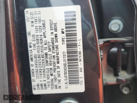 2014 Acura RDX with VIN 5J8TB3H3XEL017077, listed as a Copart auction lot 60435345 with 112,521 mi miles and Salvage title. Bid and sale history available at DreamBid. Image 13.