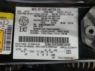 2013 Lincoln MKZ with VIN 3LN6L2G93DR810449, listed as a Copart auction lot 54926705 with 186,136 mi miles and Salvage Title. Bid and sale history available at DreamBid. Image 13.