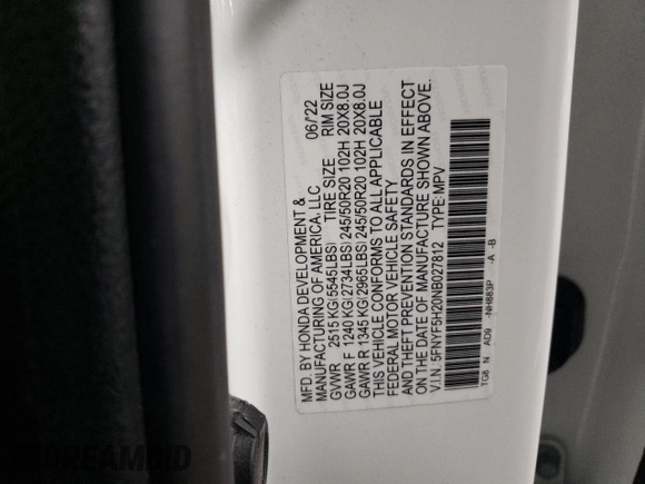 2022 Honda Pilot Special Edition with VIN 5FNYF5H20NB027812, listed as a Copart auction lot 44337145 with 25,705 mi miles and Salvage Title. Bid and sale history available at DreamBid. Image 12.