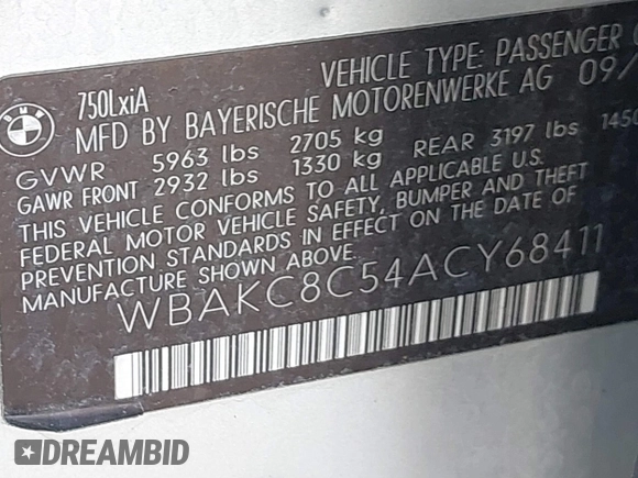 2010 BMW 7 Series 750Li xDrive with VIN WBAKC8C54ACY68411, listed as a IAAI auction lot 41621344 with 150,454 mi miles and . Bid and sale history available at DreamBid. Image 9.
