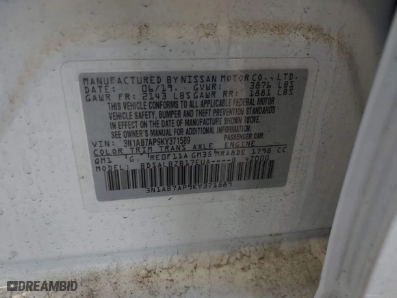 2019 Nissan Sentra S with VIN 3N1AB7AP9KY371589, listed as a IAAI auction lot 41852331 with 101,140 mi miles. Bid and sale history available at carsss.com. Image 9.