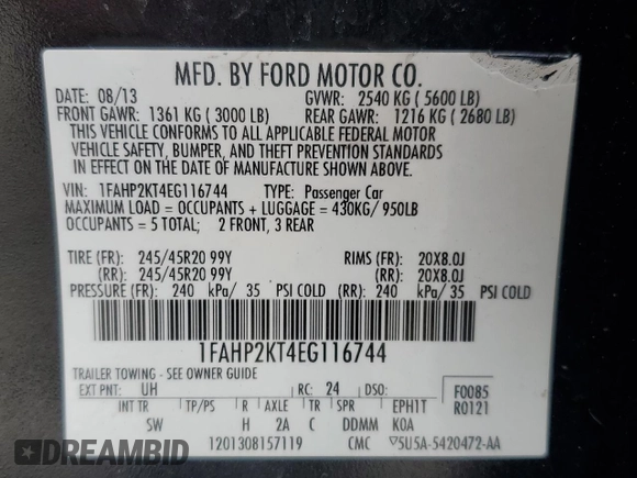 2014 Ford Taurus SHO with VIN 1FAHP2KT4EG116744, listed as a Copart auction lot 44947915 with 138,757 mi miles and Clean Title. Bid and sale history available at carsss.com. Image 12.