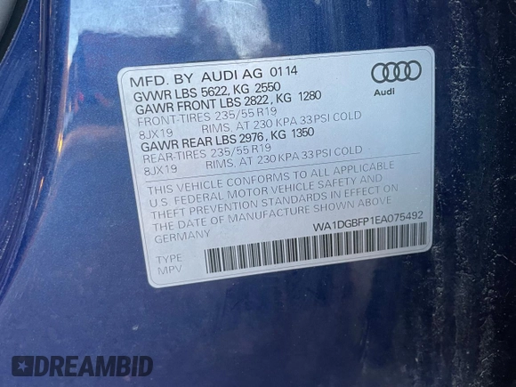 2014 Audi Q5 Premium Plus with VIN WA1DGBFP1EA075492, listed as a Copart auction lot 44250555 with 278,608 mi miles and Clean Title. Bid and sale history available at carsss.com. Image 10.