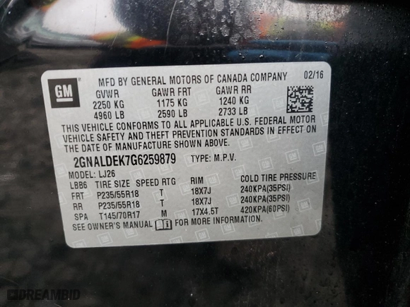 2016 Chevrolet Equinox LTZ with VIN 2GNALDEK7G6259879, listed as a Copart auction lot 50792005 with 149,501 mi miles and Salvage Title. Bid and sale history available at carsss.com. Image 13.
