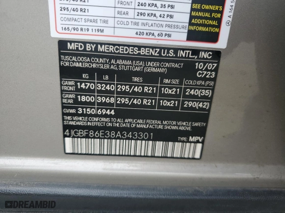2008 Mercedes-Benz GL-Class 5.5L with VIN 4JGBF86E38A343301, listed as a Copart auction lot 47605005 with 147,223 mi miles and Salvage Title. Bid and sale history available at carsss.com. Image 13.