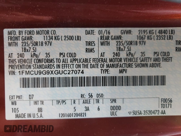 2016 Ford Escape SE z VIN 1FMCU9G9XGUC27074, wystawiony jako Copart lot #55788625 z przebiegiem 106 990 mil mil oraz Szkoda całkowita • Salvage title. Historia ofert i sprzedaży dostępna na DreamBid. Obrazek 13.