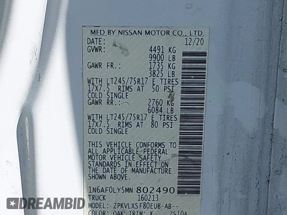 2021 Nissan NV Cargo SV with VIN 1N6AF0LY5MN802490, listed as a IAAI auction lot 41929900 with 83,299 mi miles and . Bid and sale history available at DreamBid. Image 9.