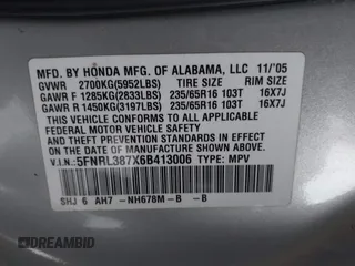 2006 Honda Odyssey EX-L z VIN 5FNRL387X6B413006, wystawiony jako IAAI lot #41687289 z przebiegiem 192 701 mil mil oraz . Historia ofert i sprzedaży dostępna na DreamBid. Obrazek 9.