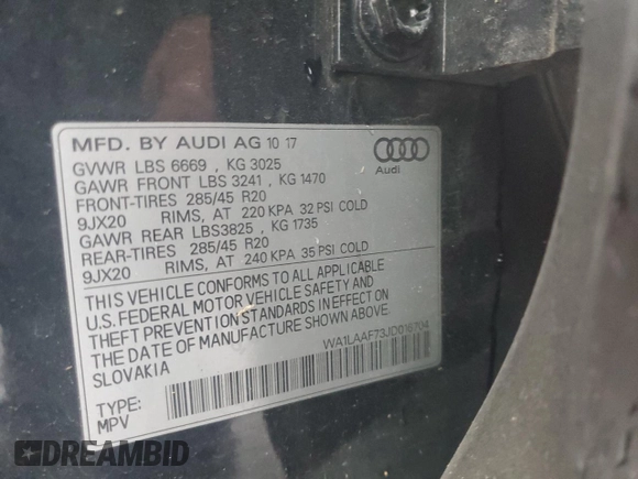2018 Audi Q7 Premium Plus z VIN WA1LAAF73JD016704, wystawiony jako Copart lot #57415605 z przebiegiem 102 813 mil mil oraz Szkoda całkowita • Salvage title. Historia ofert i sprzedaży dostępna na DreamBid. Obrazek 13.