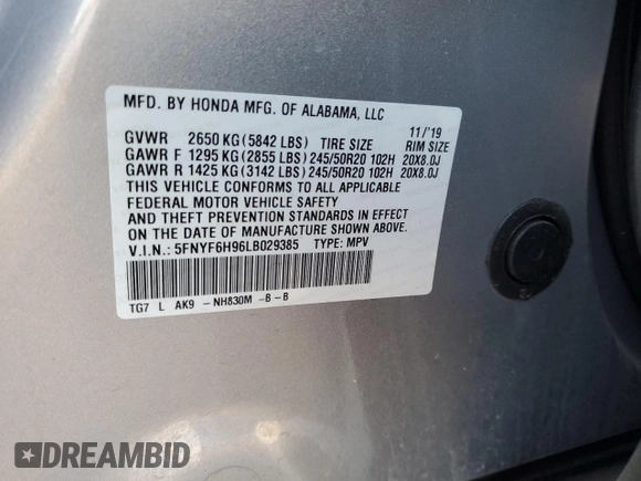 2020 Honda Pilot Touring 8-Passenger with VIN 5FNYF6H96LB029385, listed as a Copart auction lot 87391534 with 68,201 mi miles and Salvage Title. Bid and sale history available at DreamBid. Image 13.