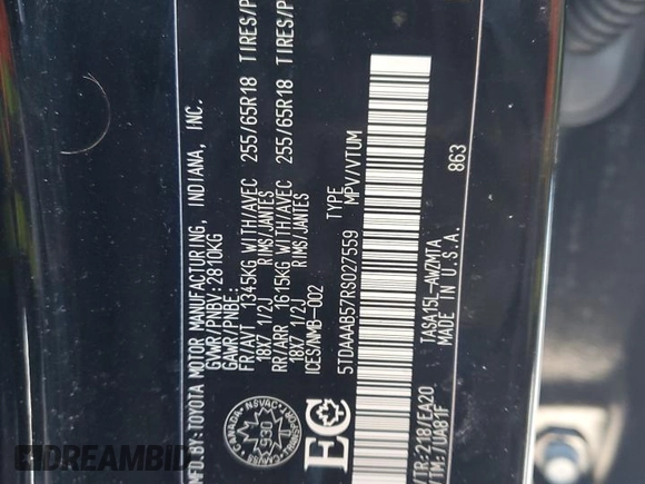 2024 Toyota Highlander XLE with VIN 5TDAAAB57RS027559, listed as a Copart auction lot 41861825 with 18,907 mi miles and Salvage title. Bid and sale history available at DreamBid. Image 14.