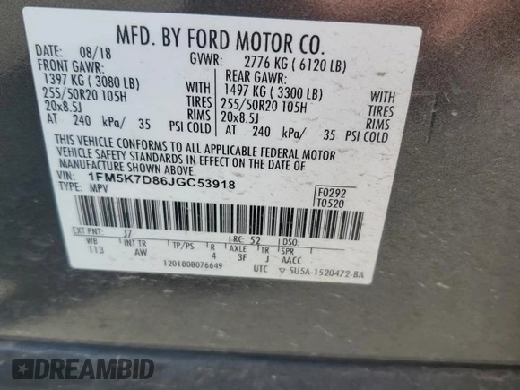 2018 Ford Explorer XLT with VIN 1FM5K7D86JGC53918, listed as a Copart auction lot 58829235 with 91,593 mi miles and Salvage title. Bid and sale history available at DreamBid. Image 13.