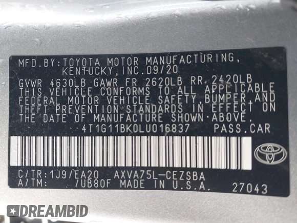 2020 Toyota Camry SE z VIN 4T1G11BK0LU016837, wystawiony jako IAAI lot #41313586 z przebiegiem Nie podano mil oraz . Historia ofert i sprzedaży dostępna na DreamBid. Obrazek 9.