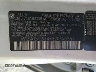 2003 BMW 7 Series 745i with VIN WBAGL63473DP68267, listed as a Copart auction lot 69923064 with 100,468 mi miles and Salvage title. Bid and sale history available at DreamBid. Image 12.