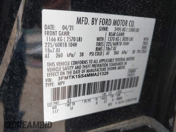 2021 Ford Mustang Mach-E Select with VIN 3FMTK1SS4MMA21329, listed as a IAAI auction lot 42241810 with 35,700 mi miles and . Bid and sale history available at DreamBid. Image 9.