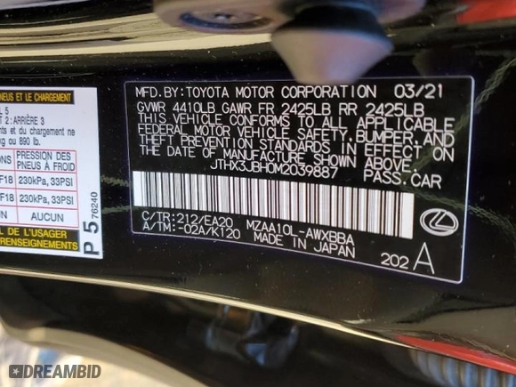 2021 Lexus UX with VIN JTHX3JBH0M2039887, listed as a Copart auction lot 66280952 with 16,082 mi miles. Bid and sale history available at carsss.com. Image 10.
