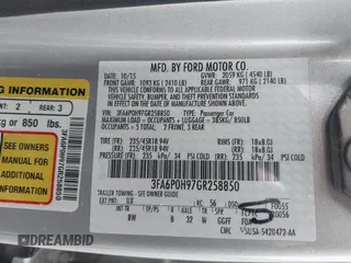 2016 Ford Fusion SE with VIN 3FA6P0H97GR258850, listed as a IAAI auction lot 41838546 with 124,244 mi miles and . Bid and sale history available at carsss.com. Image 9.
