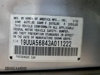 2003 Acura TL Type S with VIN 19UUA56843A011222, listed as a Copart auction lot 49845805 with 205,221 mi miles and Salvage Title. Bid and sale history available at carsss.com. Image 12.