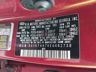 2014 Kia Sorento LX with VIN 5XYKT4A7XEG482738, listed as a IAAI auction lot 41295018 with 64,080 mi miles and . Bid and sale history available at carsss.com. Image 9.