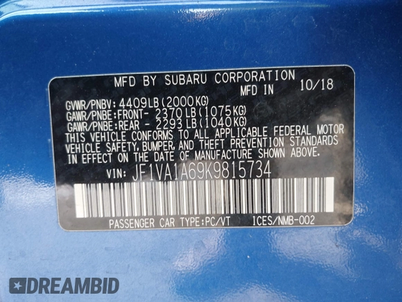 2019 Subaru WRX with VIN JF1VA1A69K9815734, listed as a IAAI auction lot 42301401 with 108,263 mi miles and . Bid and sale history available at DreamBid. Image 9.