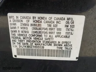 2007 Honda Ridgeline RTL w/Leather with VIN 2HJYK16527H515539, listed as a IAAI auction lot 42100067 with 186,864 mi miles. Bid and sale history available at carsss.com. Image 9.