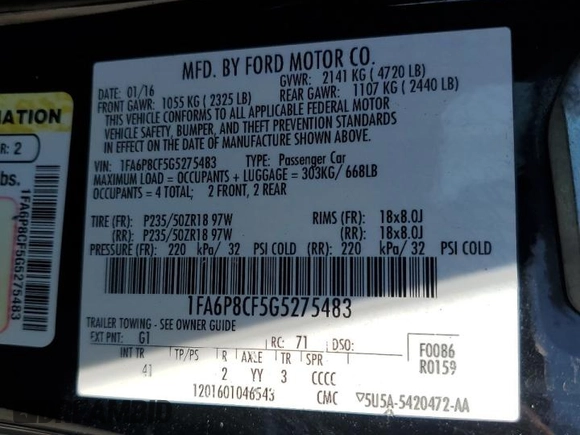 2016 Ford Mustang GT with VIN 1FA6P8CF5G5275483, listed as a Copart auction lot 54302945 with 109,219 mi miles and Salvage Title. Bid and sale history available at DreamBid. Image 12.