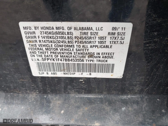 2011 Honda Ridgeline RTS with VIN 5FPYK1F47BB453556, listed as a IAAI auction lot 41868931 with 1 mi miles. Bid and sale history available at carsss.com. Image 9.