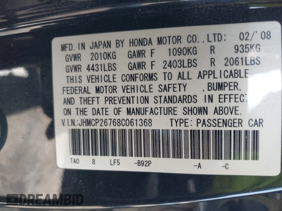 2008 Honda Accord EX with VIN JHMCP26768C061368, listed as a IAAI auction lot 42213944 with 183,109 mi miles and . Bid and sale history available at DreamBid. Image 9.
