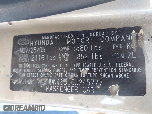 2006 Hyundai Elantra GLS с VIN KMHDN46D16U245777, выставлен на аукционе IAAI как лот 41712827 с пробегом 123 355 миль миль и . История ставок и продаж доступна на DreamBid. Изображение 9.