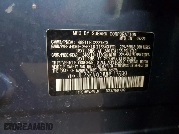 2021 Subaru Forester Touring z VIN JF2SKAXC9MH517699, wystawiony jako Copart lot #58962835 z przebiegiem 60 984 mil mil oraz Szkoda całkowita • Salvage title. Historia ofert i sprzedaży dostępna na DreamBid. Obrazek 13.