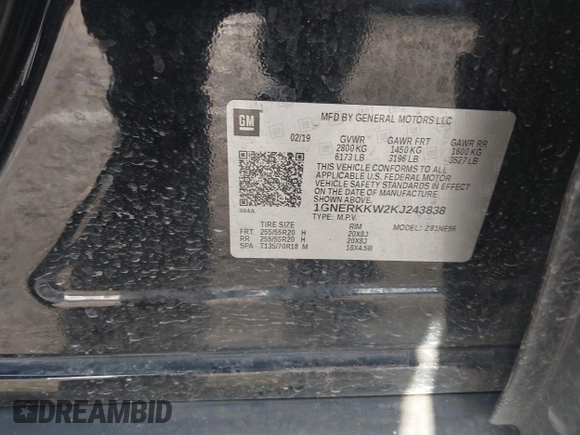 2019 Chevrolet Traverse Premier with VIN 1GNERKKW2KJ243838, listed as a IAAI auction lot 41830336 with 109,087 mi miles. Bid and sale history available at carsss.com. Image 9.