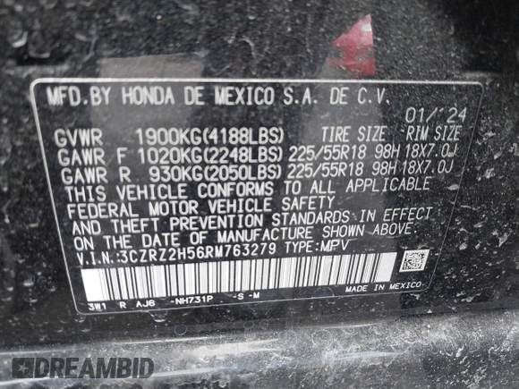 2024 Honda HR-V Sport with VIN 3CZRZ2H56RM763279, listed as a IAAI auction lot 41644383 with 12,411 mi miles and . Bid and sale history available at carsss.com. Image 9.