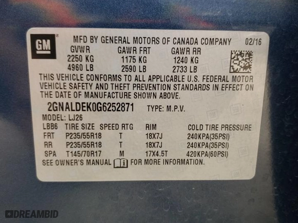 2016 Chevrolet Equinox LTZ with VIN 2GNALDEK0G6252871, listed as a Copart auction lot 51753794 with 134,922 mi miles and Salvage Title. Bid and sale history available at carsss.com. Image 13.